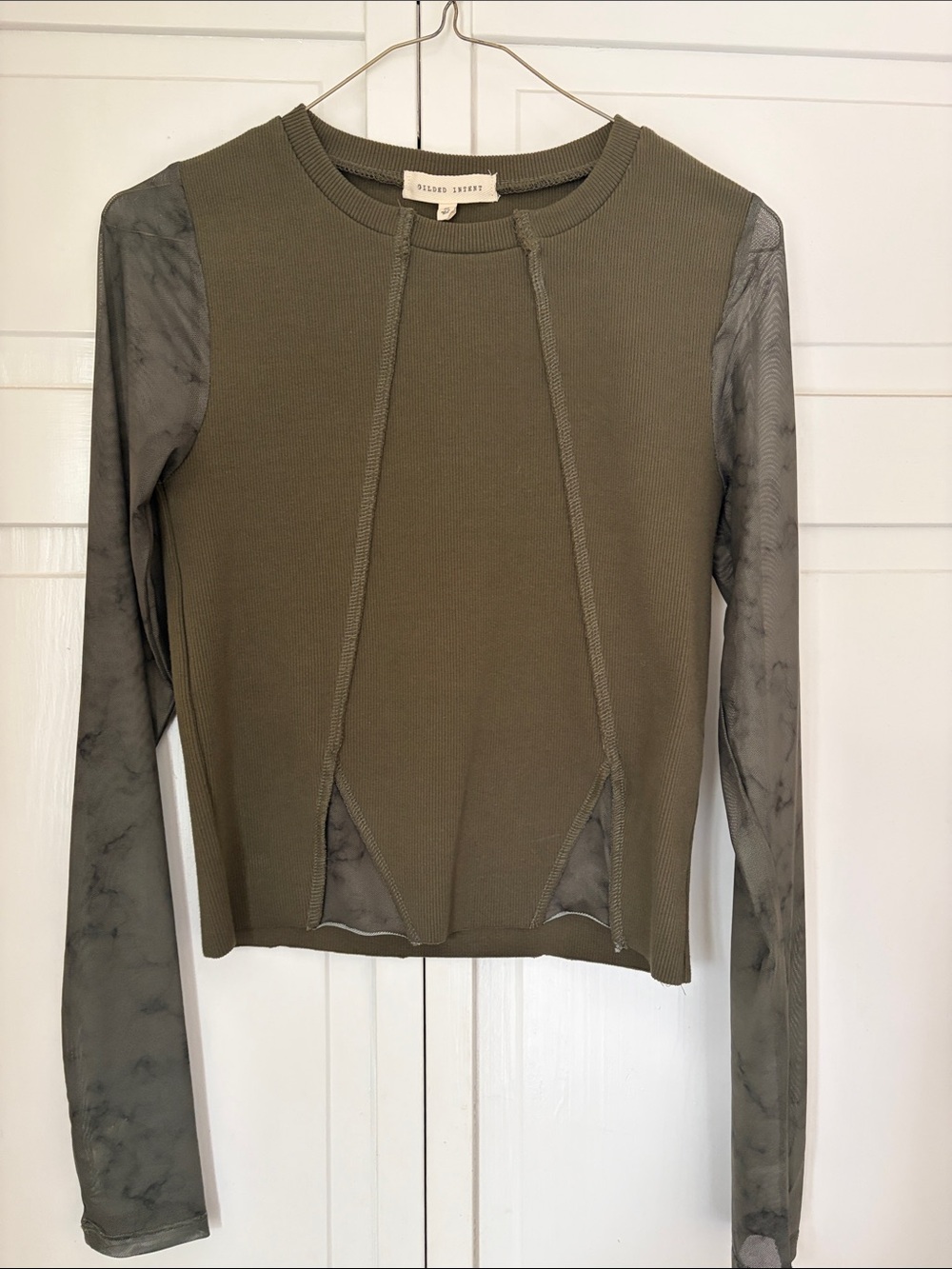 Olive Green Long Sleeve Top with Sheer Mesh Sleeves